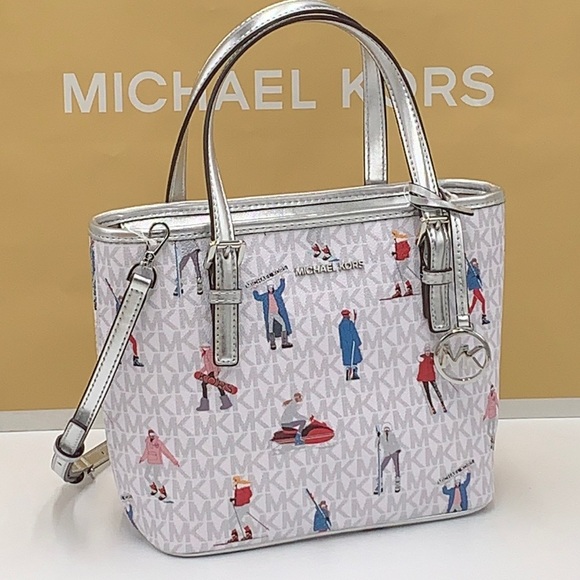 Michael Kors Jet Set Girls Print Bright White Signature XS Carryall Top Zip Tote - Picture 6 of 16